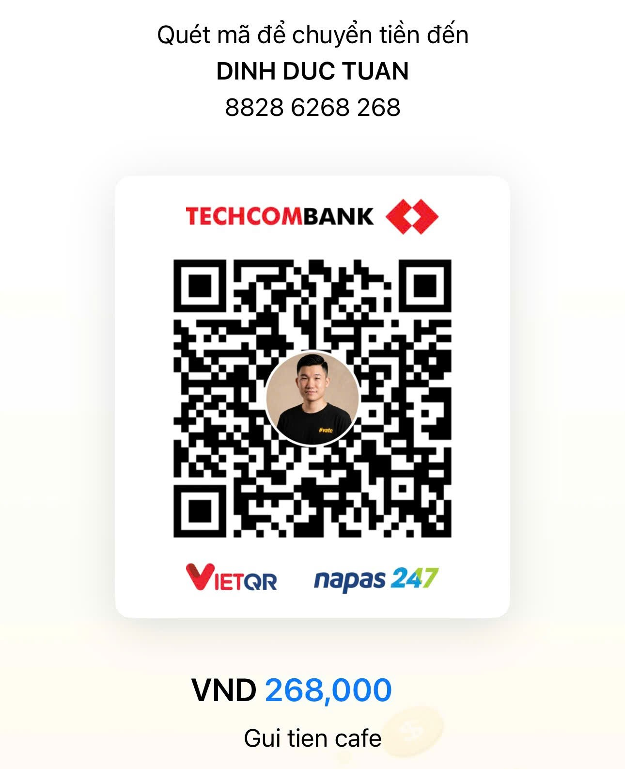 Mã VietQR chuyển 268.000 đồng đến DINH DUC TUAN, Techcombank, số tài khoản 88286268268